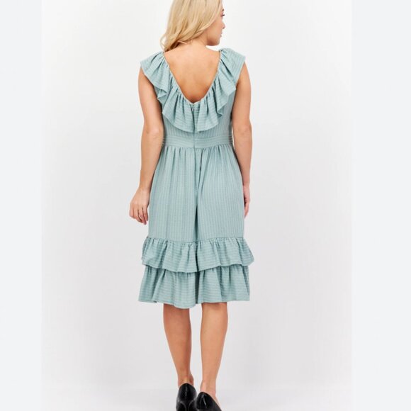 Calvin Klein Pistachio Green Textured Ruffle Fit & Flare Sundress V-Neck Size 14 - Picture 2 of 6